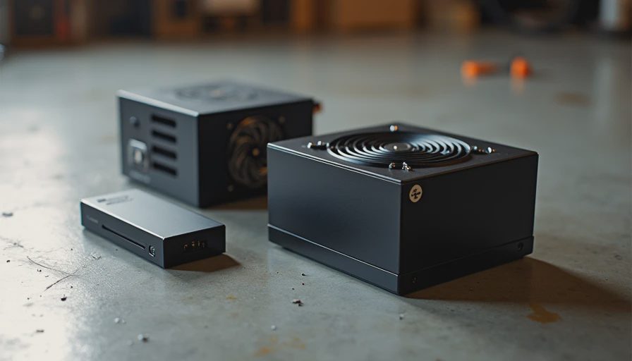 Plain power supply, air cooler, and SSD resting on concrete garage floor