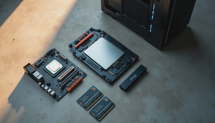 Family PC build components arranged on concrete garage floor