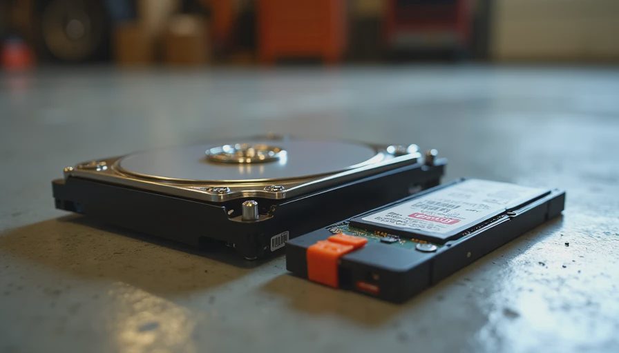 Large hard drive and compact NVMe SSD on concrete garage floor