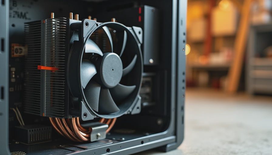 Tower CPU cooler mounted in open PC case on concrete garage floor