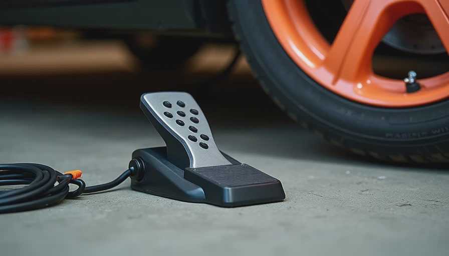 Sim-racing wheel and load-cell pedal on concrete garage floor