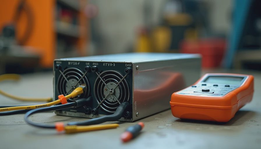 Power supply and multimeter on concrete garage floor during troubleshooting