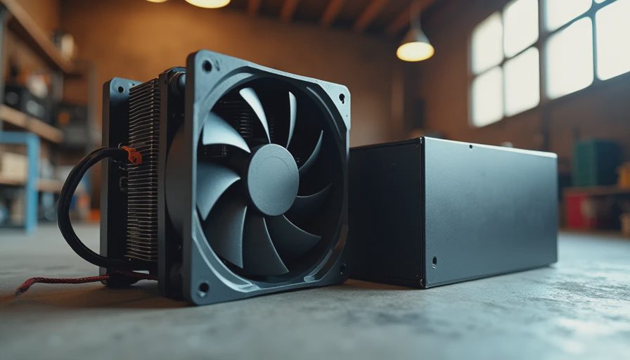 Tower air cooler and quiet power supply on concrete garage floor