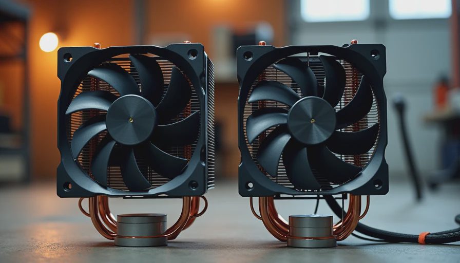 Stock cooler and aftermarket tower cooler side by side on concrete floor