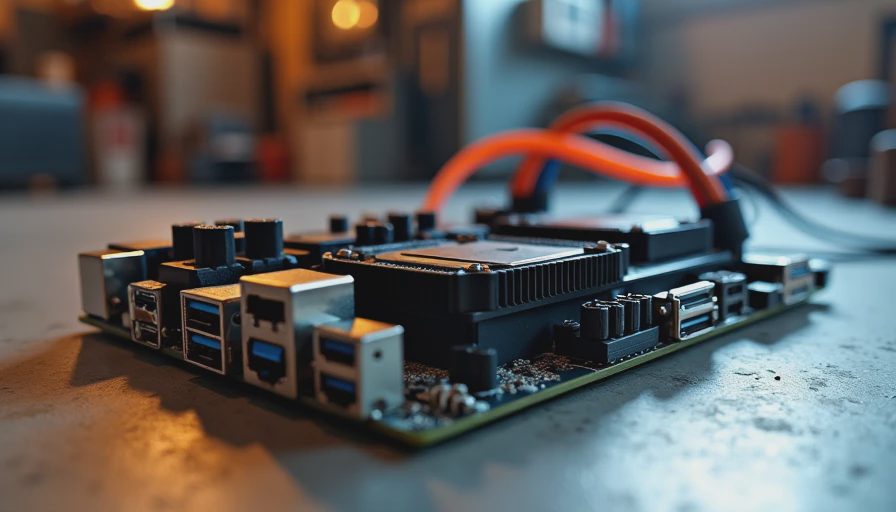 Motherboard VRM heatsink and rear ports on concrete garage floor