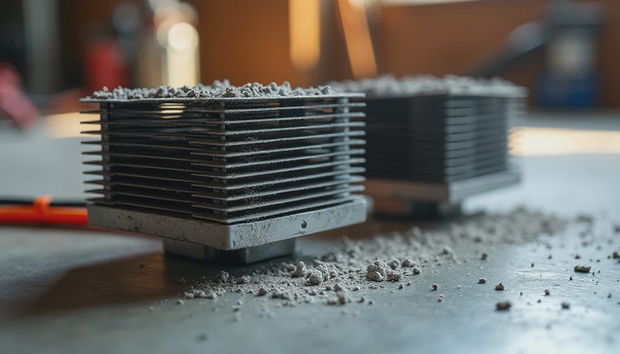 Dust-clogged CPU cooler heatsink next to a clean identical unit on concrete
