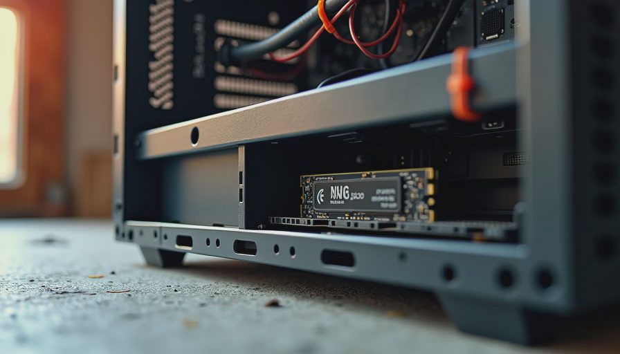 Open PC case showing NVMe SSD, RAM, and air cooler on concrete floor