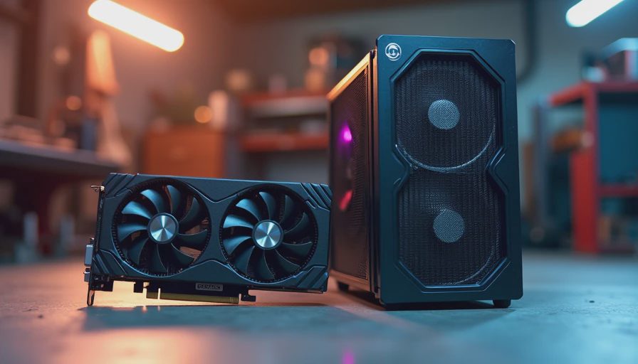 Mid-range graphics card and tower cooler on concrete garage floor