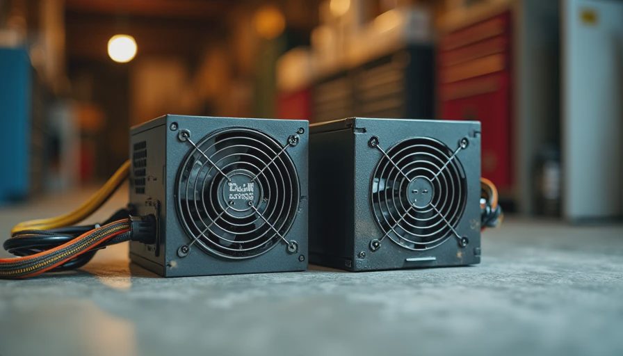 Opened failed power supply next to a clean quality unit on concrete floor
