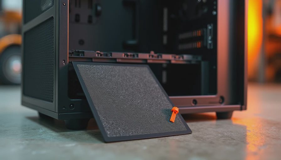 Removable dust filter pulled from PC case on concrete garage floor