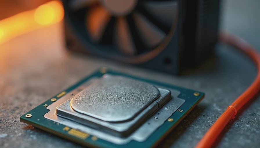 CPU with pea-sized thermal paste next to cooler on concrete garage floor