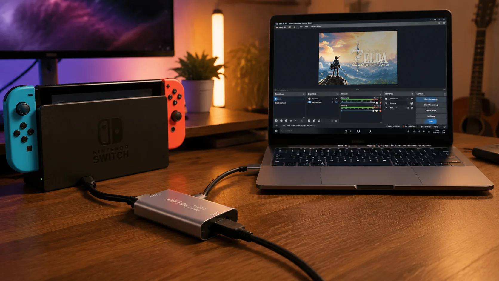 Video capture card connecting a game console to a laptop for streaming