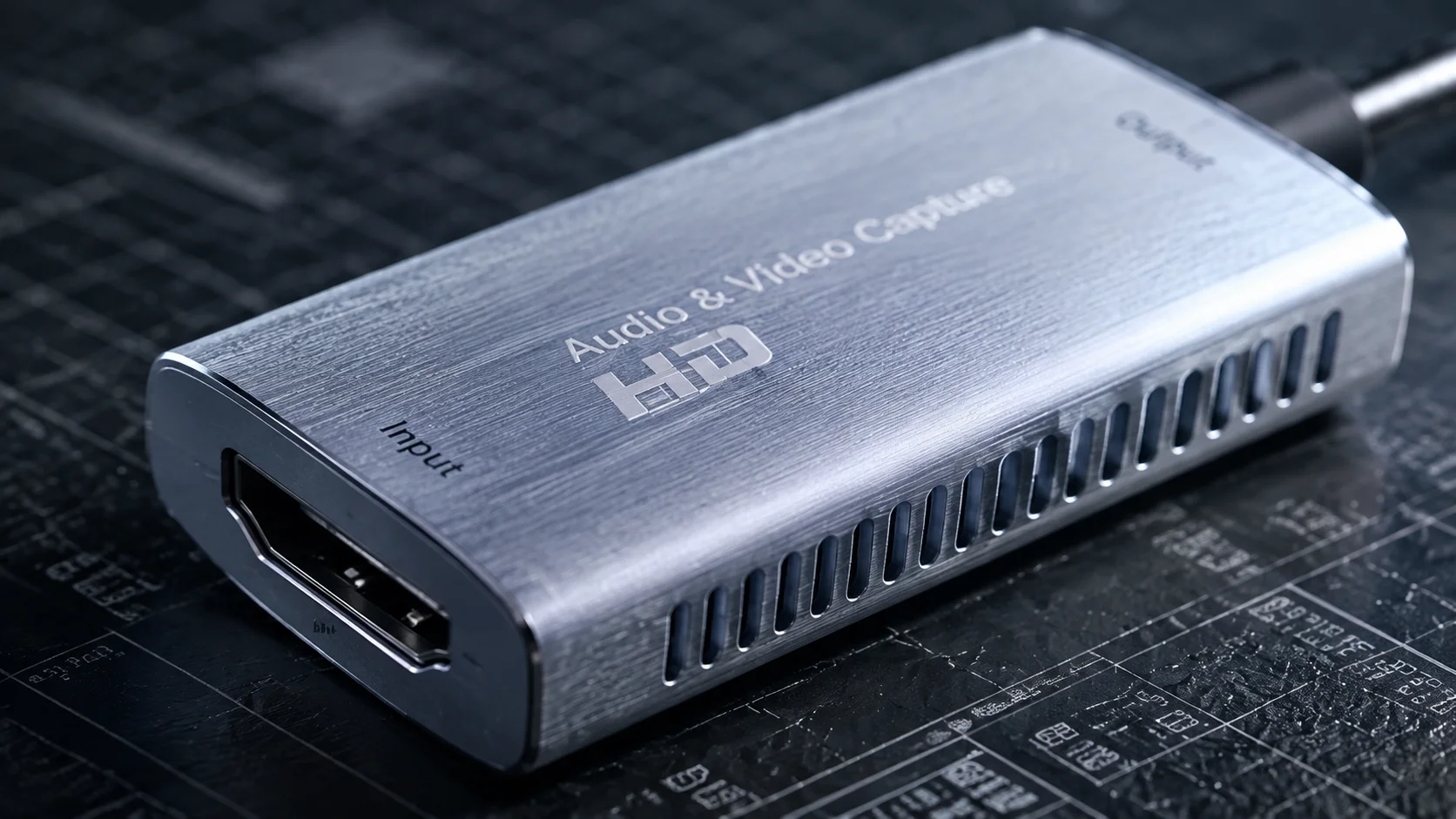Close-up of the aluminum shell on a video capture card