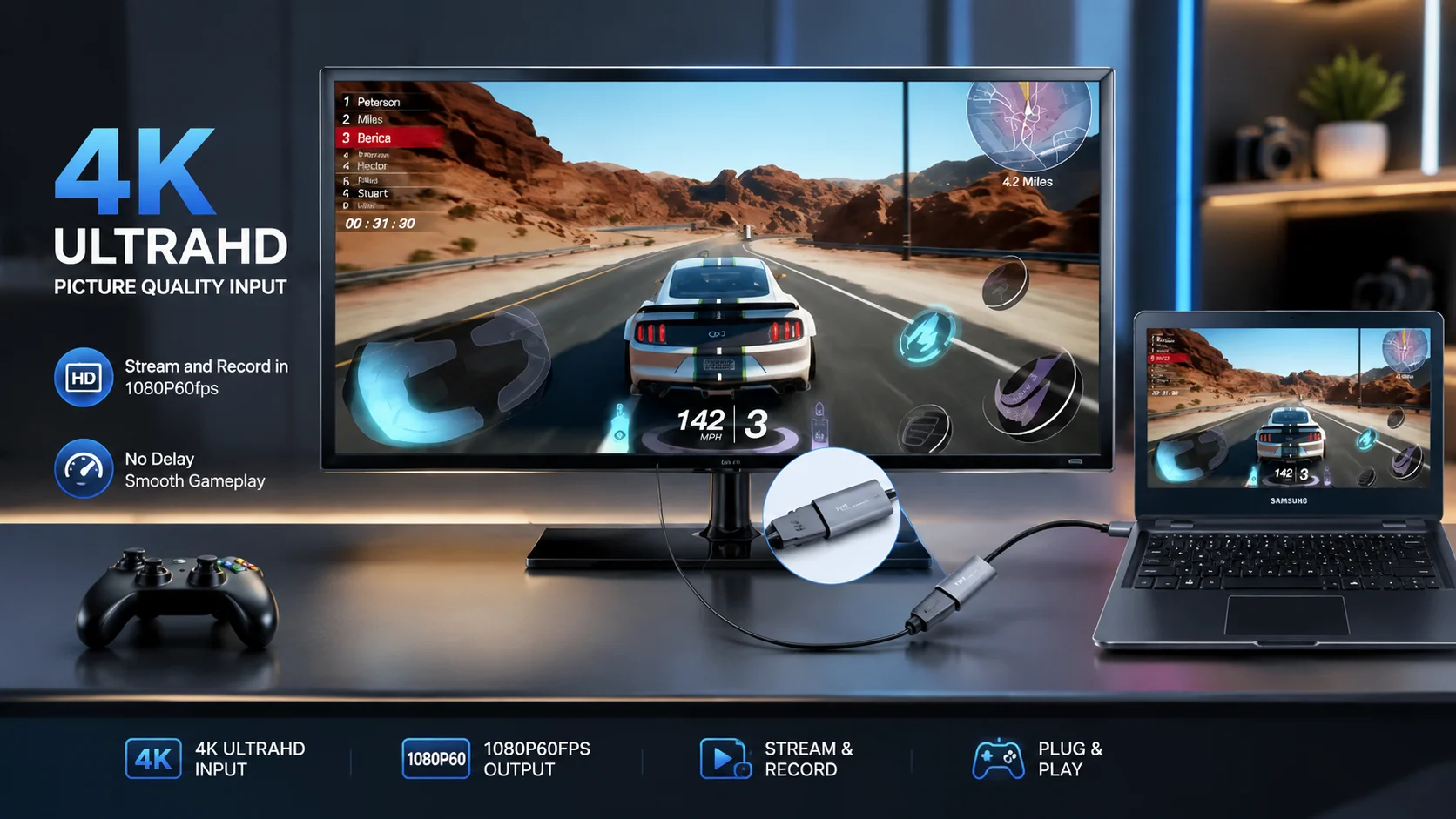 4K Ultra HD video capture card streaming 1080p 60fps racing gameplay from monitor to laptop.